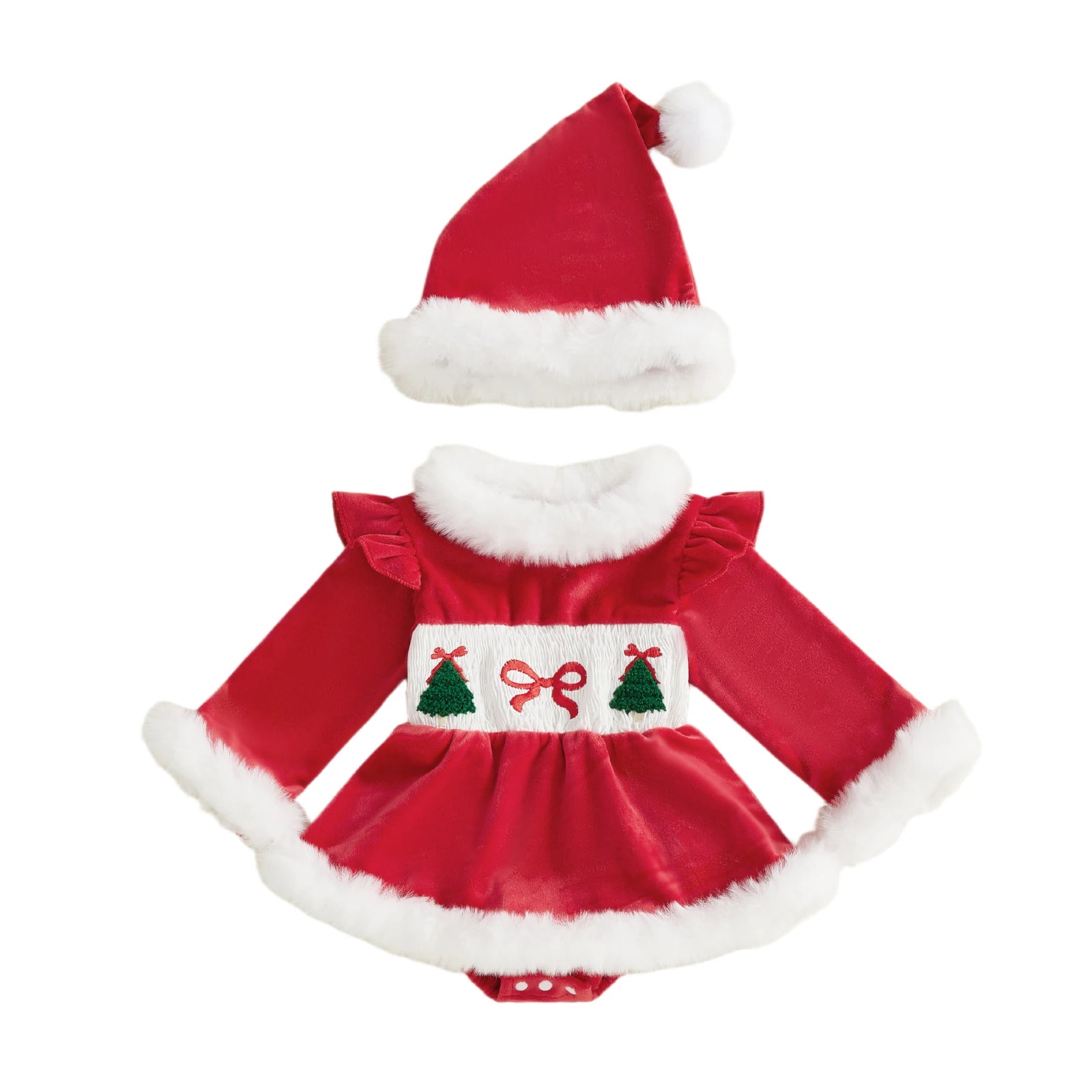 2026 New Years Xmas Baby Girl Christmas Outfit Embroidered Furry Trim Crew Neck Long Sleeve Romper Dress and Hat 2 Pcs Set