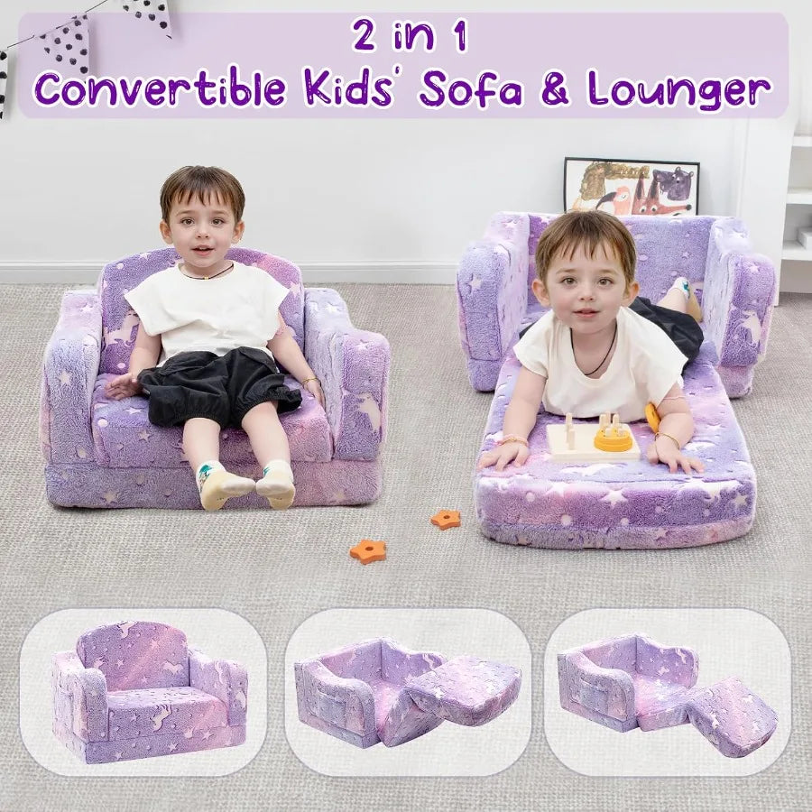 Comfy Toddler Couch and Chair for with Blanket 2in1 Soft Plush Fold Out Sofa Chairs for Girls and Boys Convertible Sofa to Loun