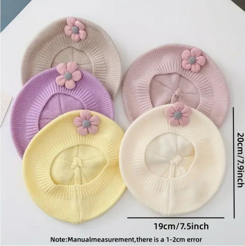 0-4Y Baby Girls' Cute Floral Beret Hat, 100% Cotton Knit Fabric, Lightweight Knit Cap for Infants Stretchable Thanksgiving