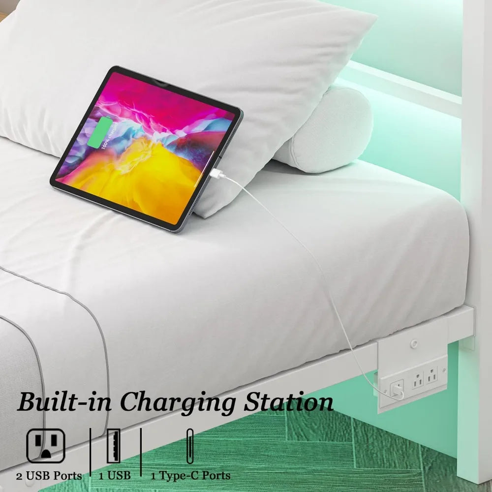 Twin Size Bed Frame with LED Lights & Charging Ports, Heavy Duty Metal Slats, Noise Free, Easy Assembly for Kids Room