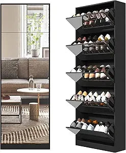 Shoe Storage Cabinet with Full Length Mirror, 30 Pairs & 5 Flip Drawer, Free Standing Shoe Rack Cabinet, Narrow Shoes Organizer
