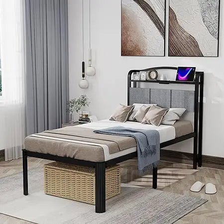 Twin Bed Frames with Headboard 14 Inch Upholstered Bed Frame for Kids Metal Black Bed Base for Girls Boys,Stable Mattress Founda