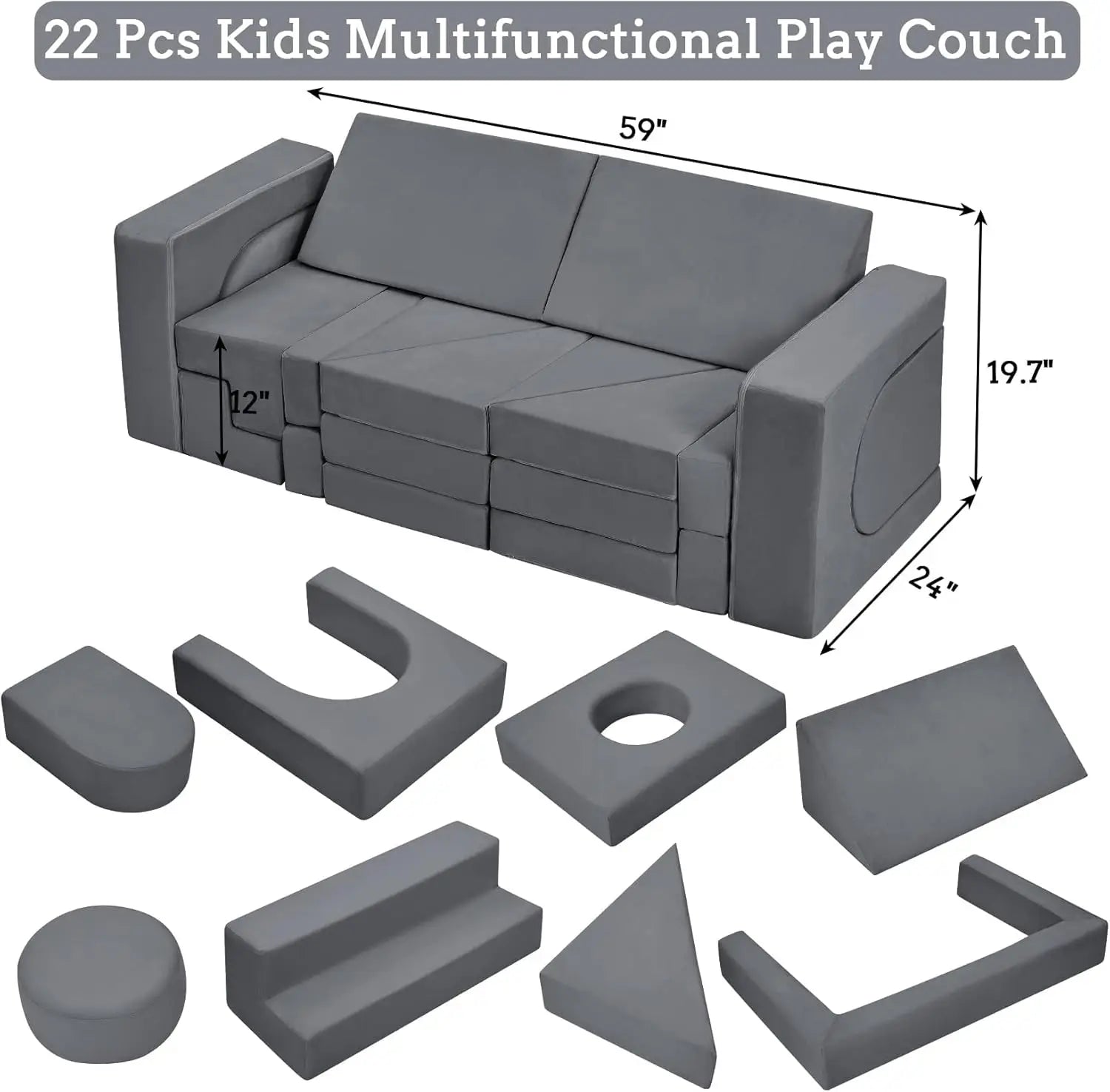 Modular  Play Couch, 22Pcs Sectional Sofa Imaginative Furniture Play Set, Creative Playroom Furniture for Convertible Foam