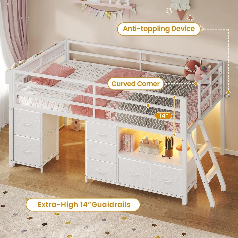 Twin Size Metal Kids Loft Bed with 7 Storage Drawers, Bookcase, LED Lights, and 14 Inches Safety Guardrail