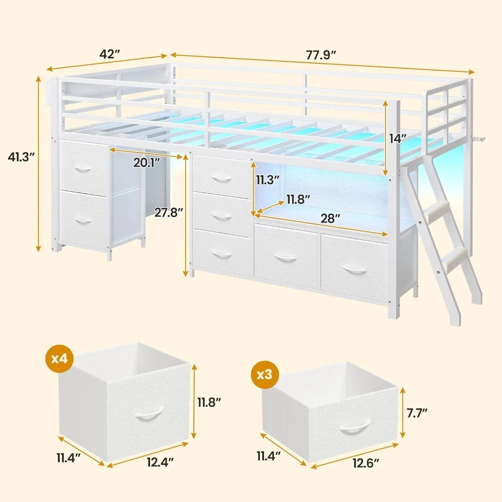 Twin Size Metal Kids Loft Bed with 7 Storage Drawers, Bookcase, LED Lights, and 14 Inches Safety Guardrail