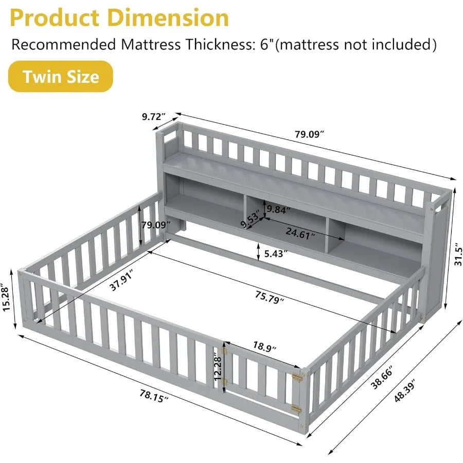 Twin Size Montessori Floor Bed for with Integrated Bedside Bookcase and Storage Doors Wooden Floor Playhouse Design Featuring S