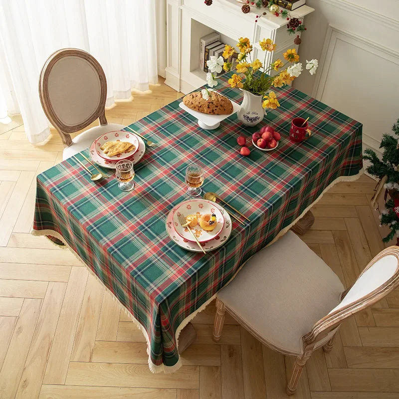 Green Checkered Table Cloth Rectangle Cotton Linen Fabric Washable Buffalo Plaid Table Covers for Festival Party Christmas Decor