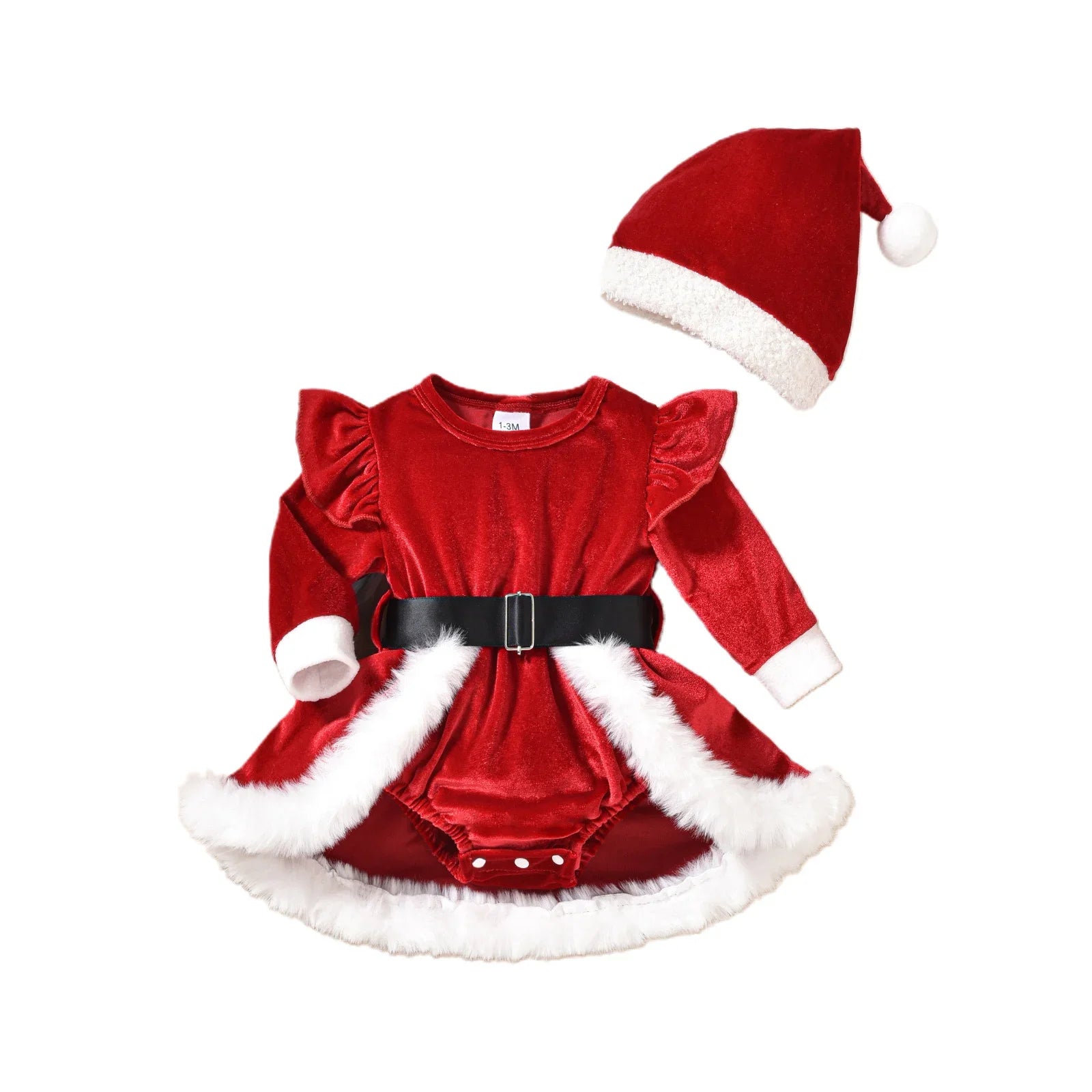 0-18 Months Baby Girls Christmas Velvet Romper Dress Terry Trim Long Sleeve Jumpsuit Santa Hat Adorable Fall Outfits