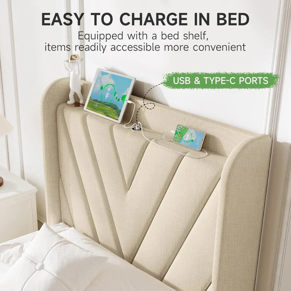 twin size bed frame with headboard, adjustable upholstered platform bed frame with type-c&usb ports for kids, wingback storage h