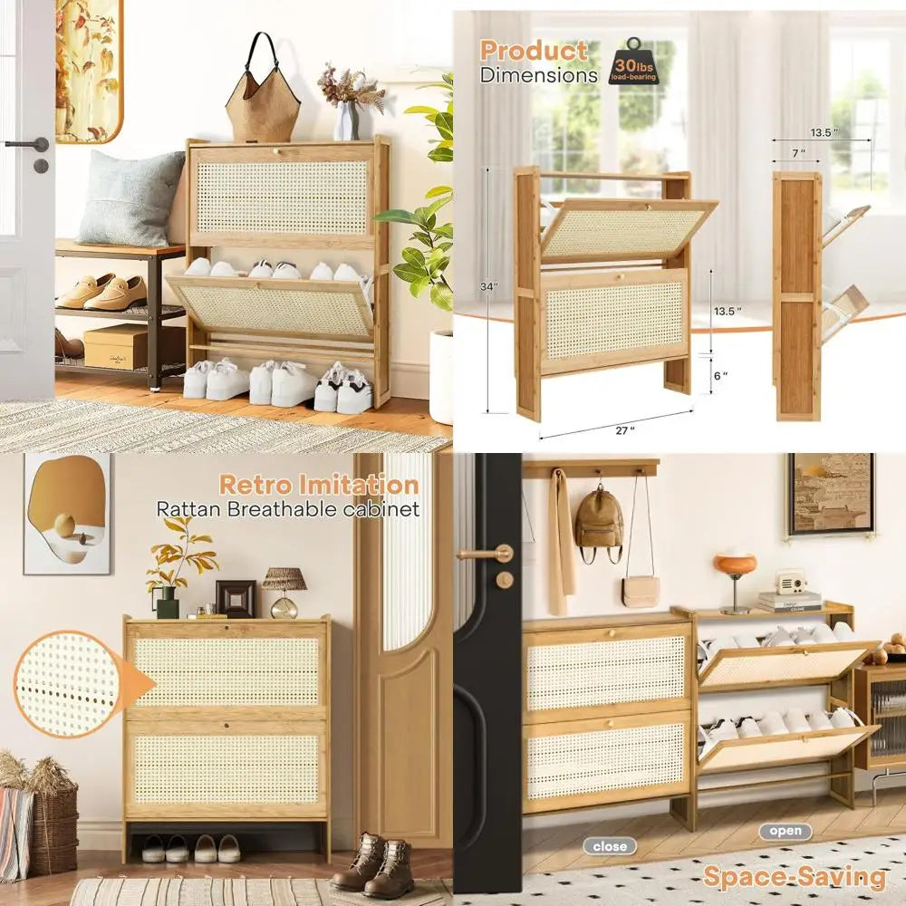 Slim 34-Inch Freestanding Bamboo Shoe Cabinet with Two Drawers for Entryway, Living Room, and Hallway Storage Solutions