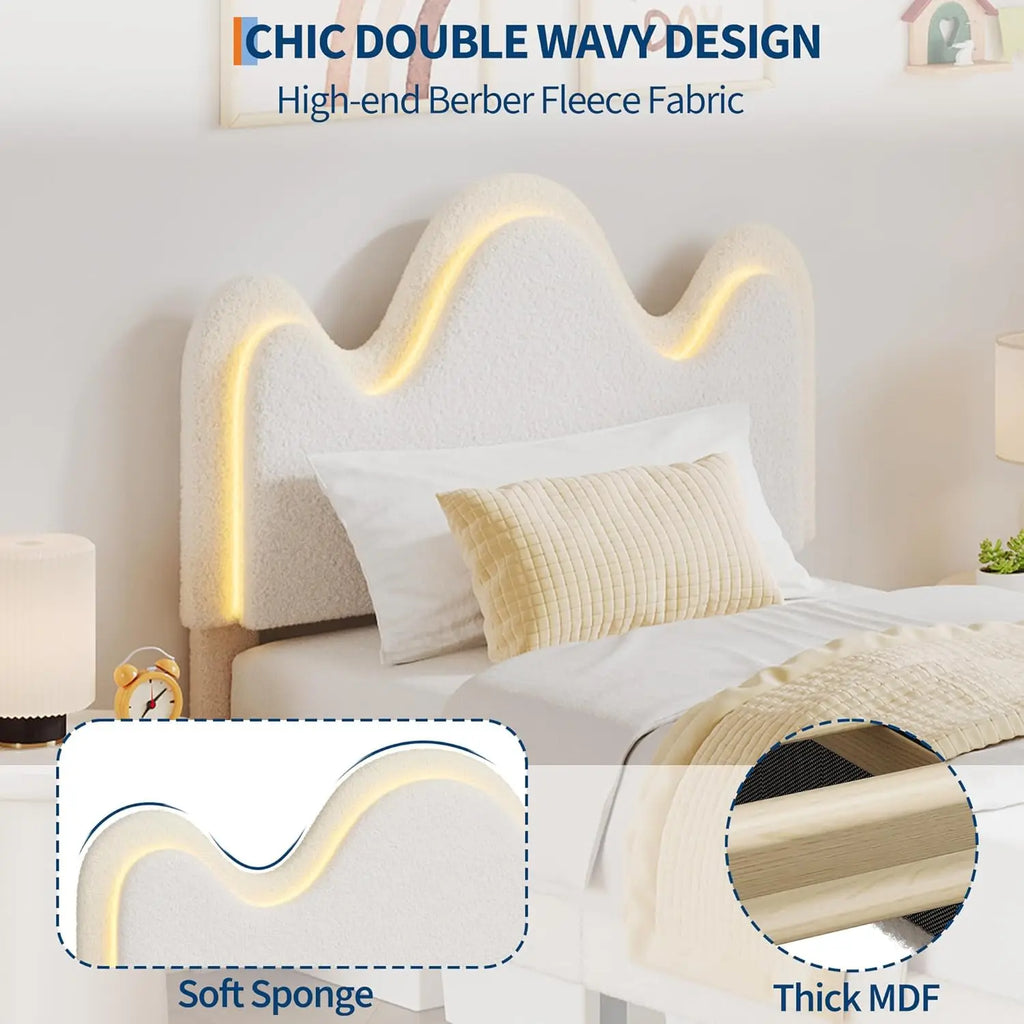 TWIN Size Boucle Princess Bed Frame for Kids/Girls - Upholstered with Flower Headboard, LED Platform Bed with Storage Drawers, S