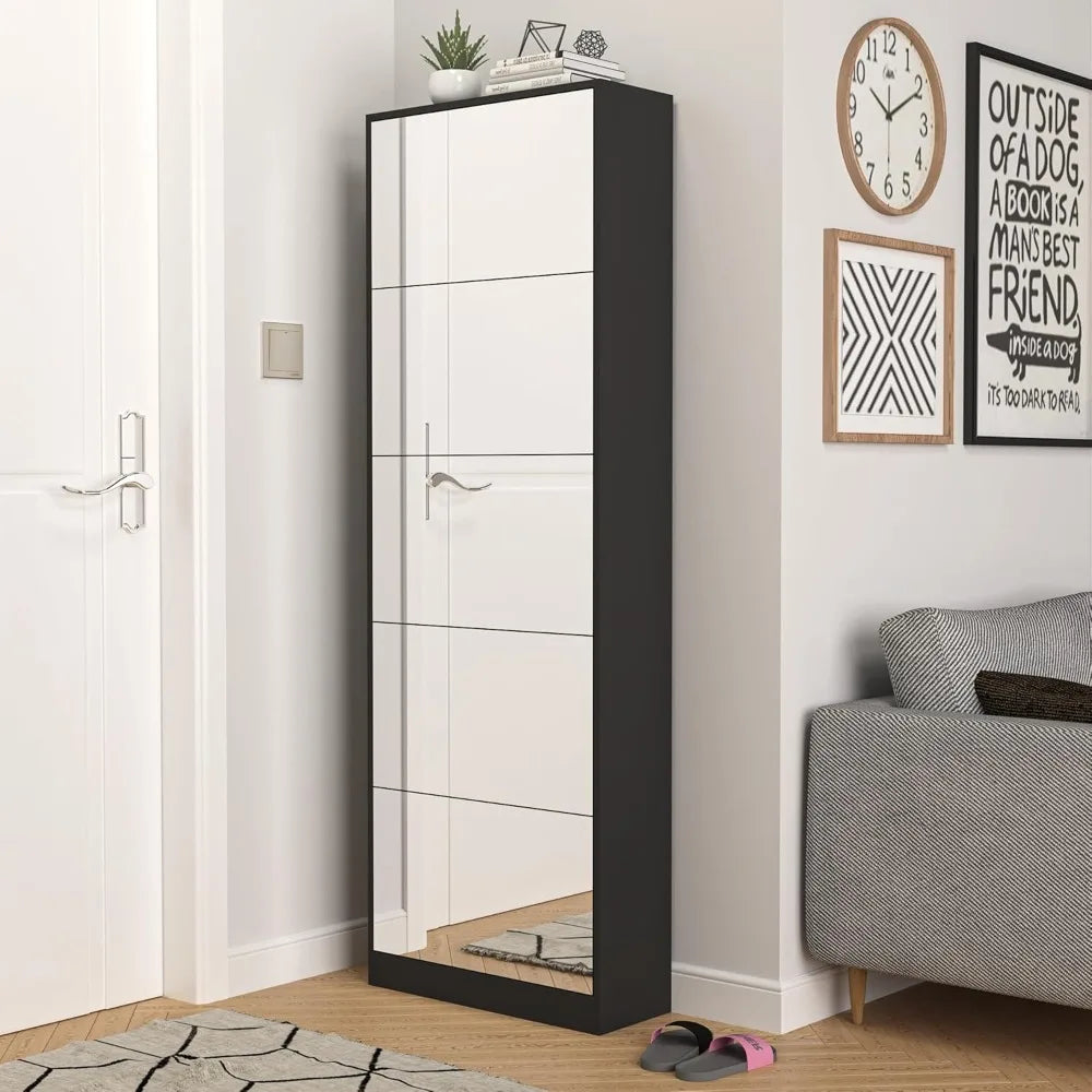 Shoe Storage Cabinet with Full Length Mirror, 30 Pairs & 5 Flip Drawer, Free Standing Shoe Rack Cabinet, Narrow Shoes Organizer