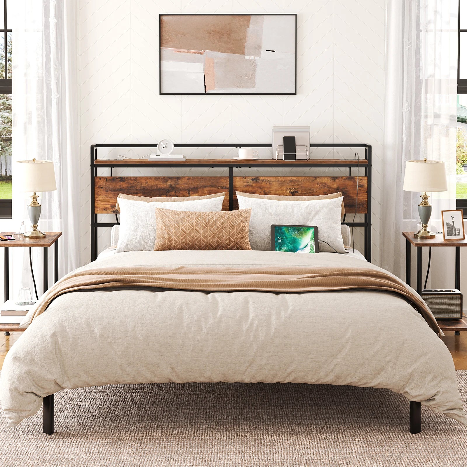 Headboard Queen Size, Headboard with 2 Outlets and 4 USB Ports, Adjustable Height, Storage Rack, Sturdy and Stable