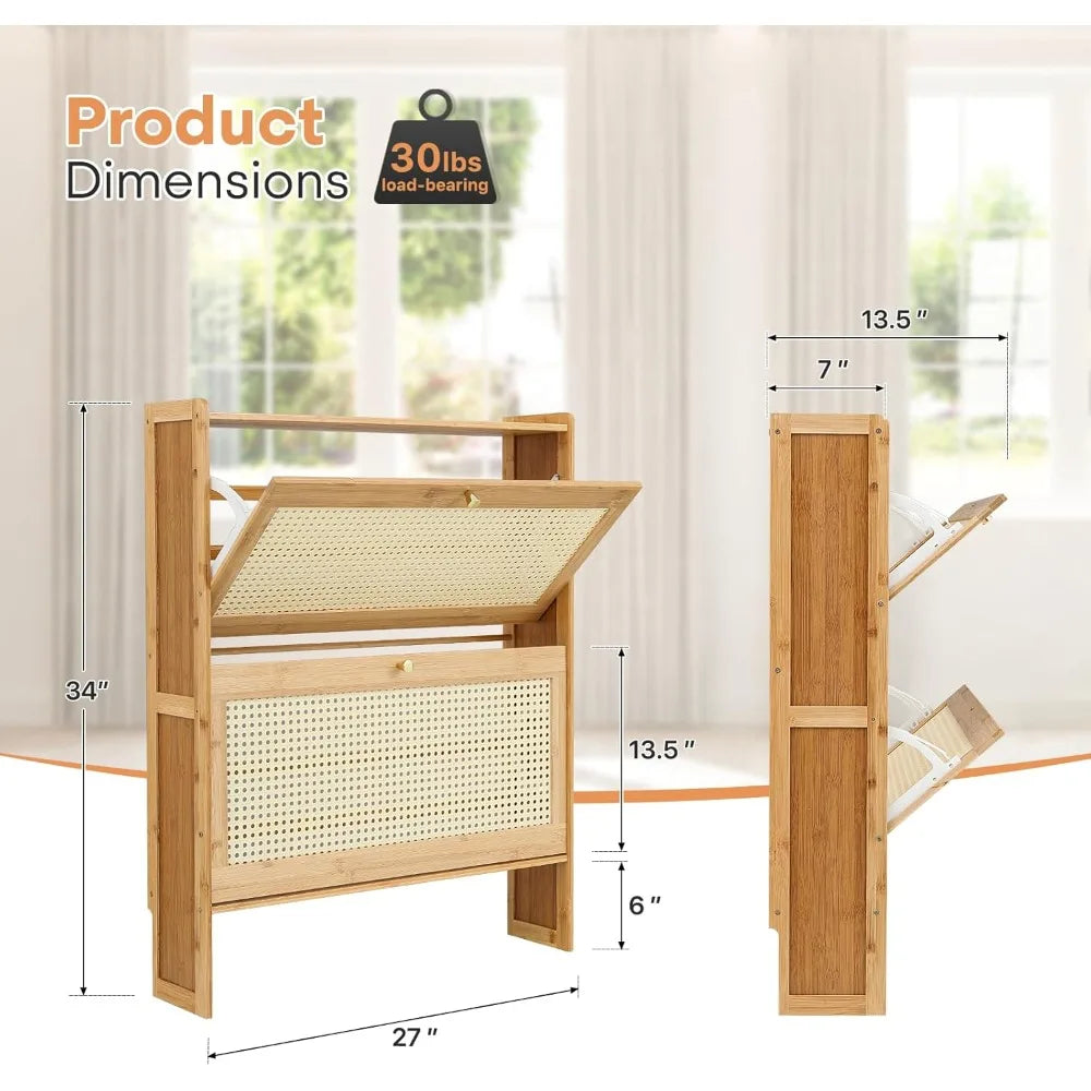 Slim 34-Inch Freestanding Bamboo Shoe Cabinet with Two Drawers for Entryway, Living Room, and Hallway Storage Solutions