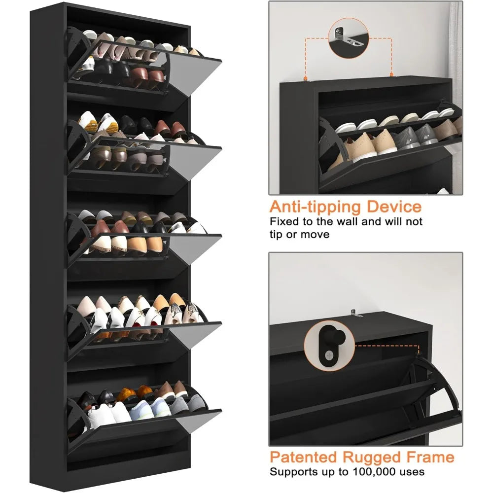 Shoe Storage Cabinet with Full Length Mirror, 30 Pairs & 5 Flip Drawer, Free Standing Shoe Rack Cabinet, Narrow Shoes Organizer