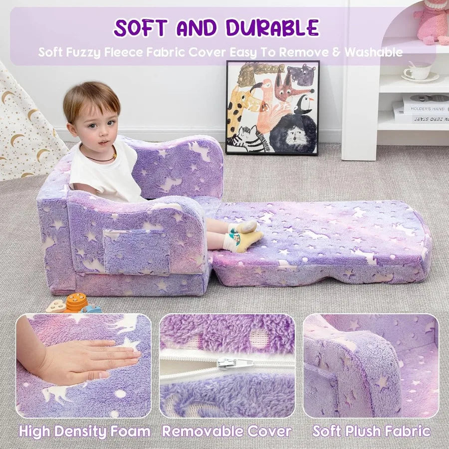 Comfy Toddler Couch and Chair for with Blanket 2in1 Soft Plush Fold Out Sofa Chairs for Girls and Boys Convertible Sofa to Loun