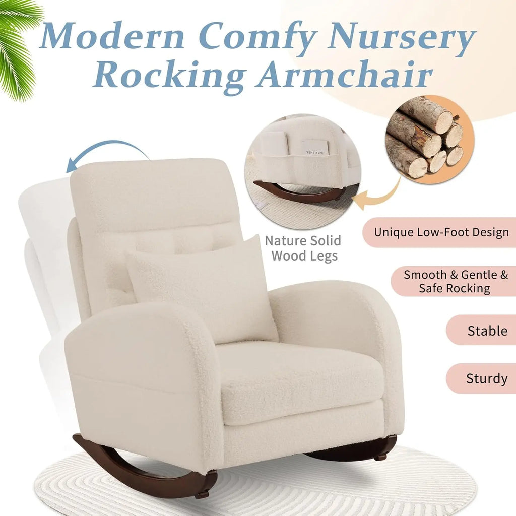 Teddy Fleece Low Seat Rocking Chair, Boucle Upholstered Nursery Glider with Side Pockets, Beige