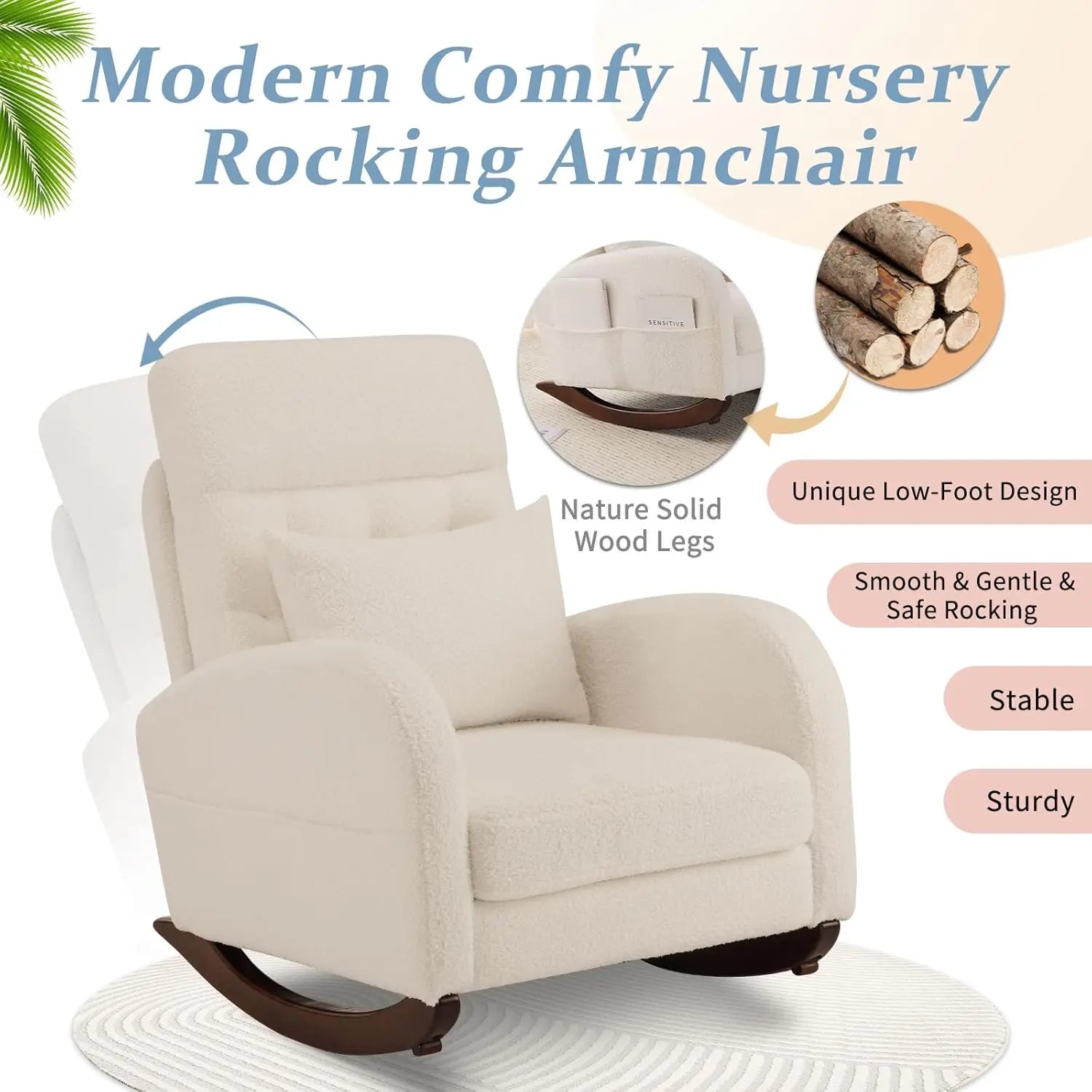 Teddy Fleece Low Seat Rocking Chair, Boucle Upholstered Nursery Glider with Side Pockets, Beige