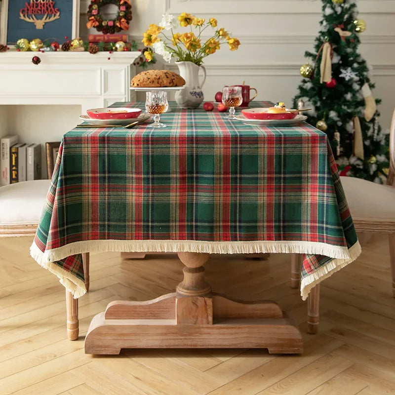 Green Checkered Table Cloth Rectangle Cotton Linen Fabric Washable Buffalo Plaid Table Covers for Festival Party Christmas Decor