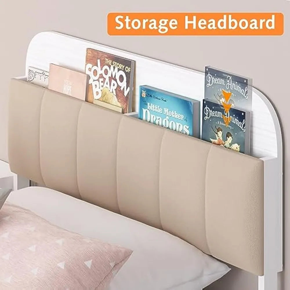 timy kids twin bed frame with bookcase headboard, metal platform bed frame with upholstered headboard for boys girls teens adult