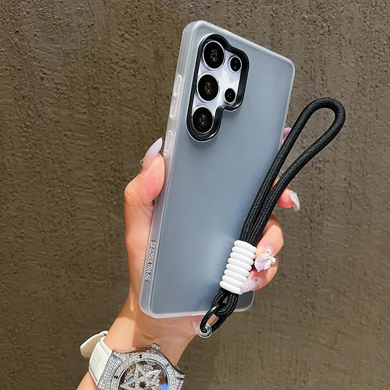 2in1 With Wrist Strap Lanyard Jelly Phone Case For Samsung Galaxy S25 S24 S23 S22 Ultra Plus FE A26 A35 A54 A16 A56 Solid Cover