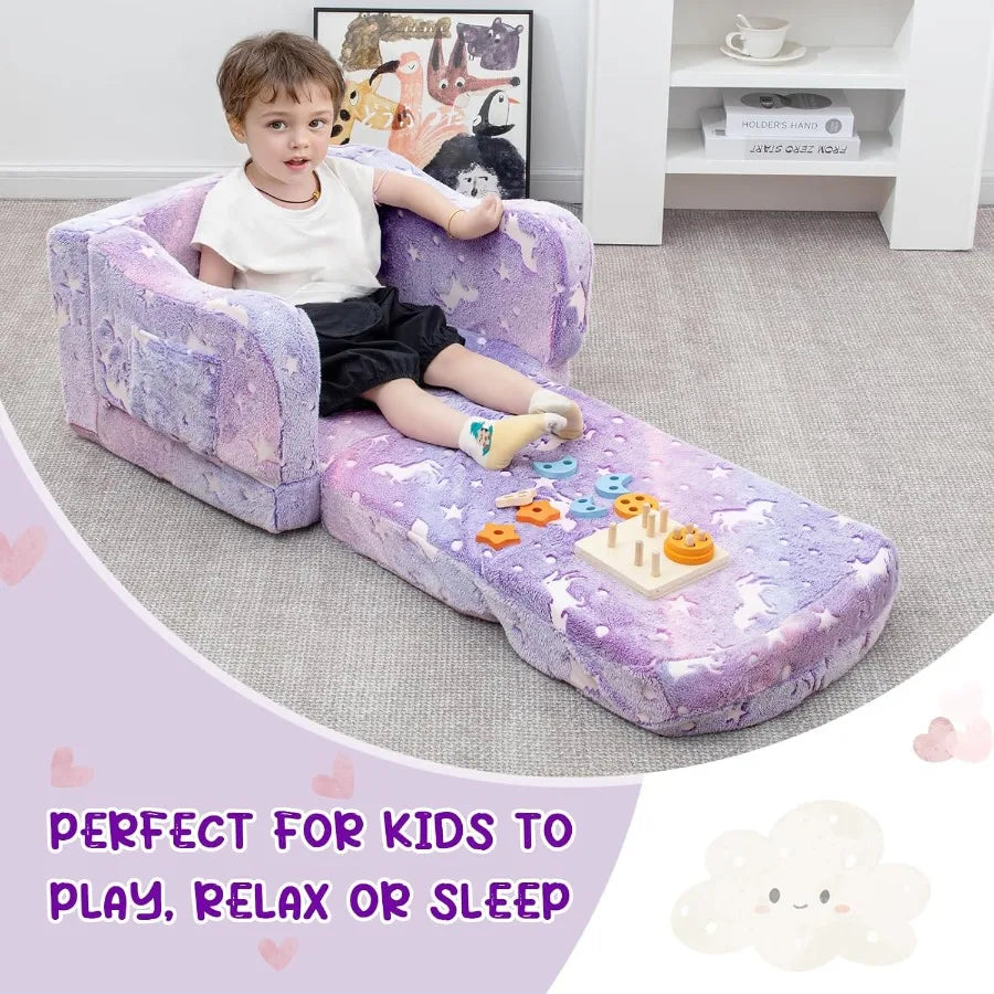 Comfy Toddler Couch and Chair for with Blanket 2in1 Soft Plush Fold Out Sofa Chairs for Girls and Boys Convertible Sofa to Loun