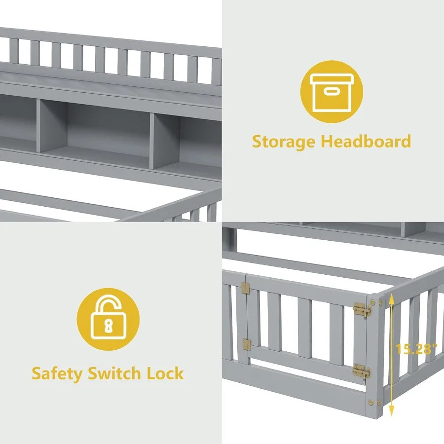 Twin Size Montessori Floor Bed for with Integrated Bedside Bookcase and Storage Doors Wooden Floor Playhouse Design Featuring S