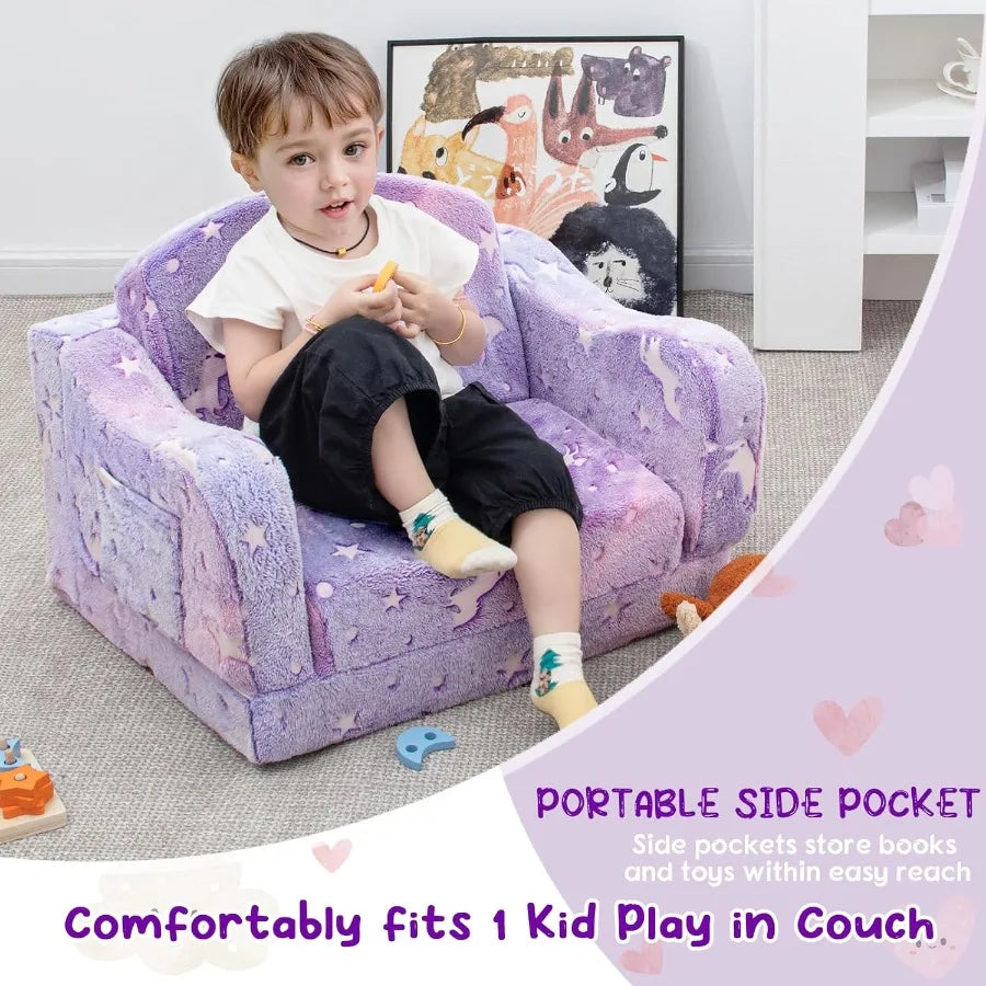 Comfy Toddler Couch and Chair for with Blanket 2in1 Soft Plush Fold Out Sofa Chairs for Girls and Boys Convertible Sofa to Loun
