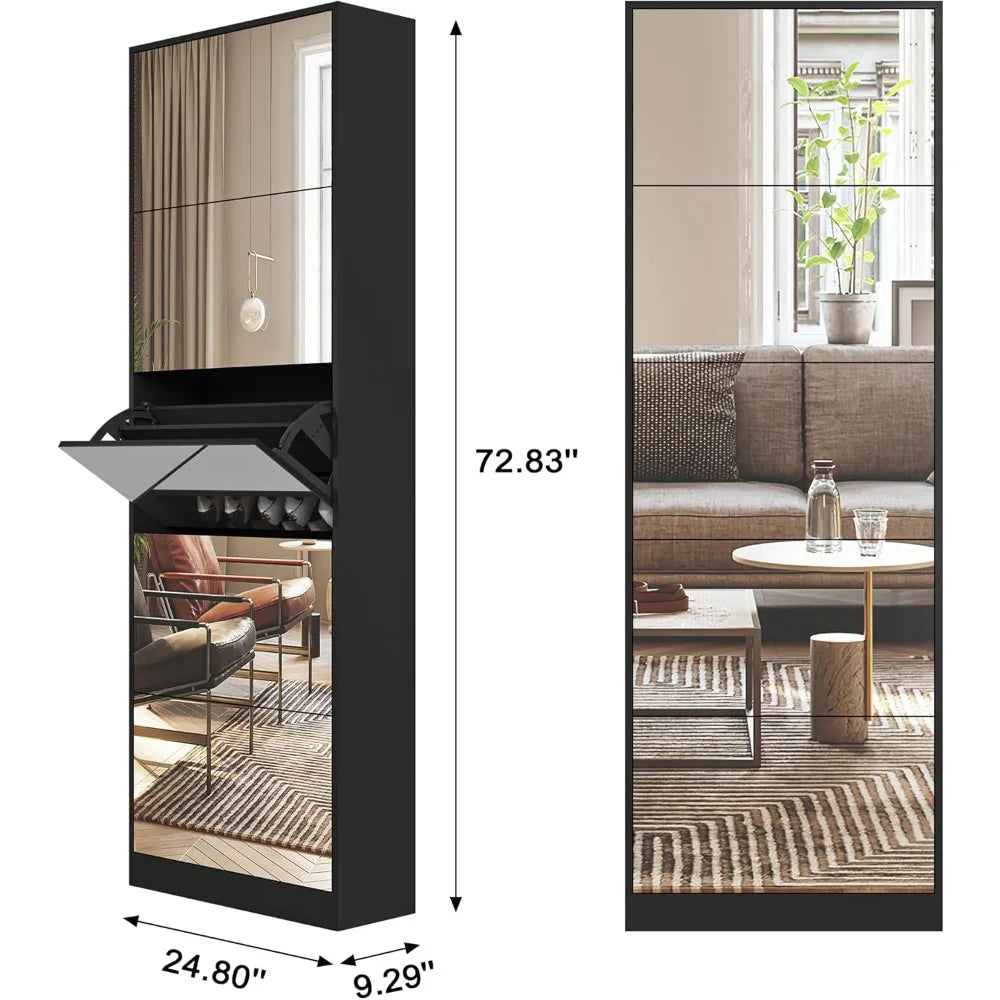 Shoe Storage Cabinet with Full Length Mirror, 30 Pairs & 5 Flip Drawer, Free Standing Shoe Rack Cabinet, Narrow Shoes Organizer