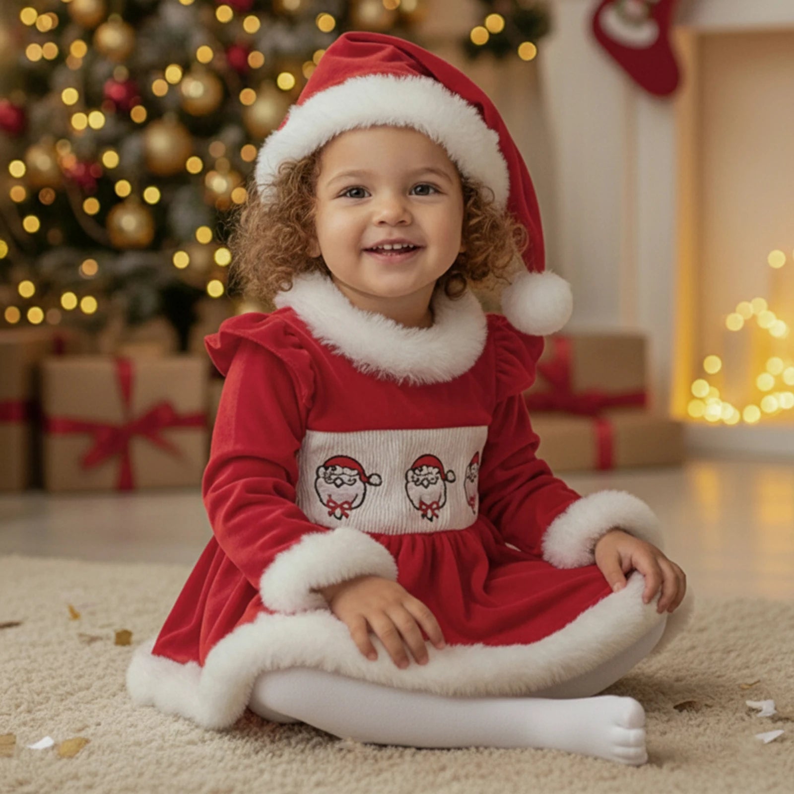 2026 New Years Xmas Baby Girl Christmas Outfit Embroidered Furry Trim Crew Neck Long Sleeve Romper Dress and Hat 2 Pcs Set