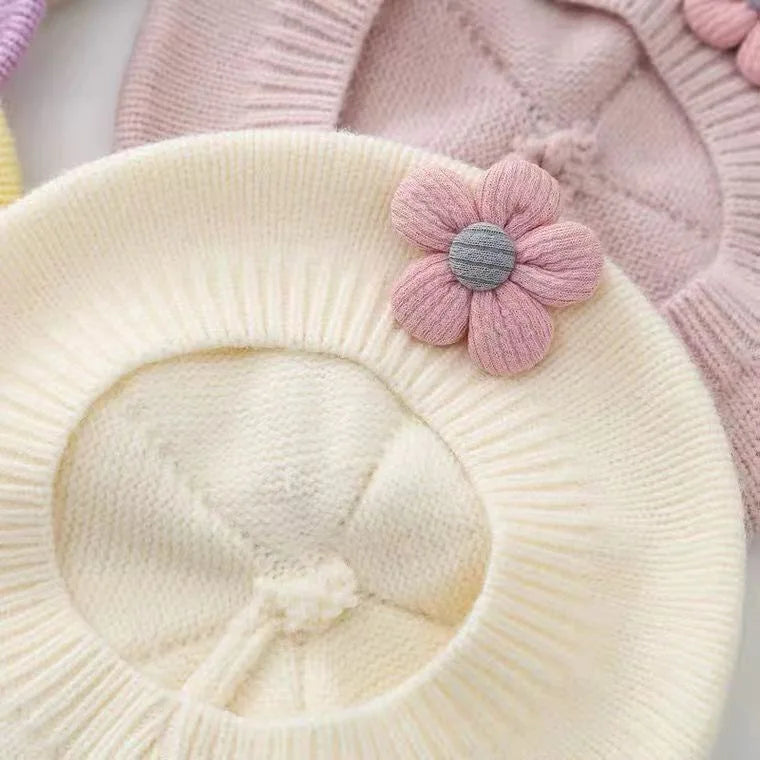 0-4Y Baby Girls' Cute Floral Beret Hat, 100% Cotton Knit Fabric, Lightweight Knit Cap for Infants Stretchable Thanksgiving