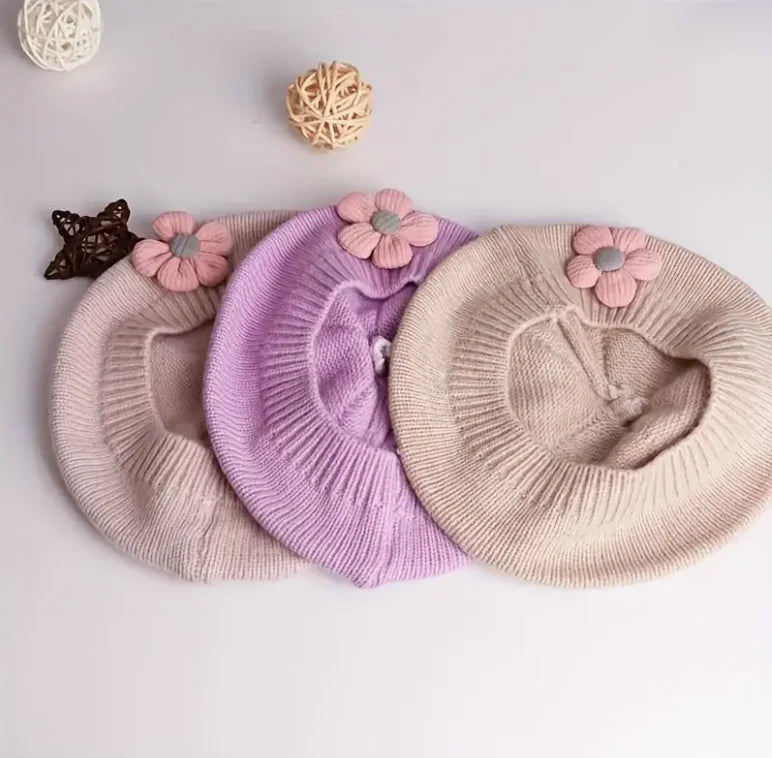 0-4Y Baby Girls' Cute Floral Beret Hat, 100% Cotton Knit Fabric, Lightweight Knit Cap for Infants Stretchable Thanksgiving