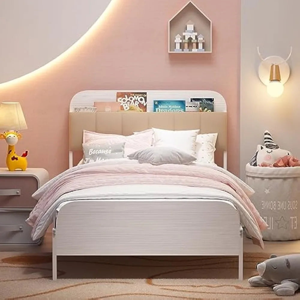 timy kids twin bed frame with bookcase headboard, metal platform bed frame with upholstered headboard for boys girls teens adult