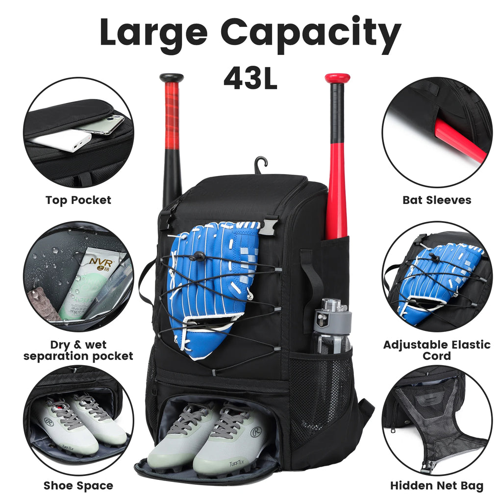 Baseball Equipment Bag Baseball Backpack with Shoe Compartment Softball Bat Bag for Youth Large Capacity Sport Baseball Backpack