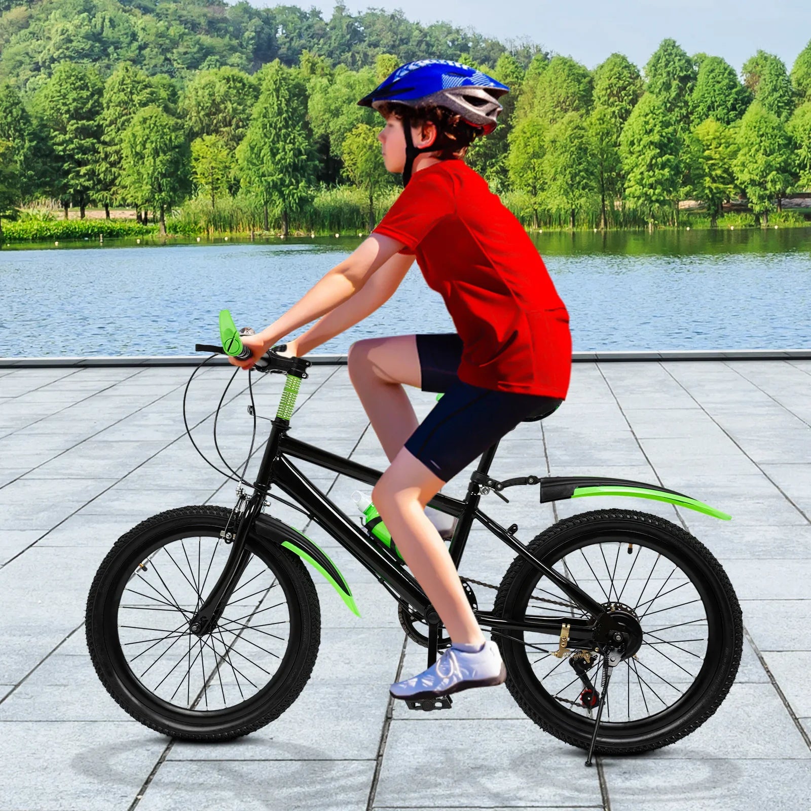 20 Inch Mountain Bike 7 Speeds Unisex Kids Bicycle Dual-Disc Brakes Height Adjustable MTB Boys Girls Bike with Kettle & Mudguard