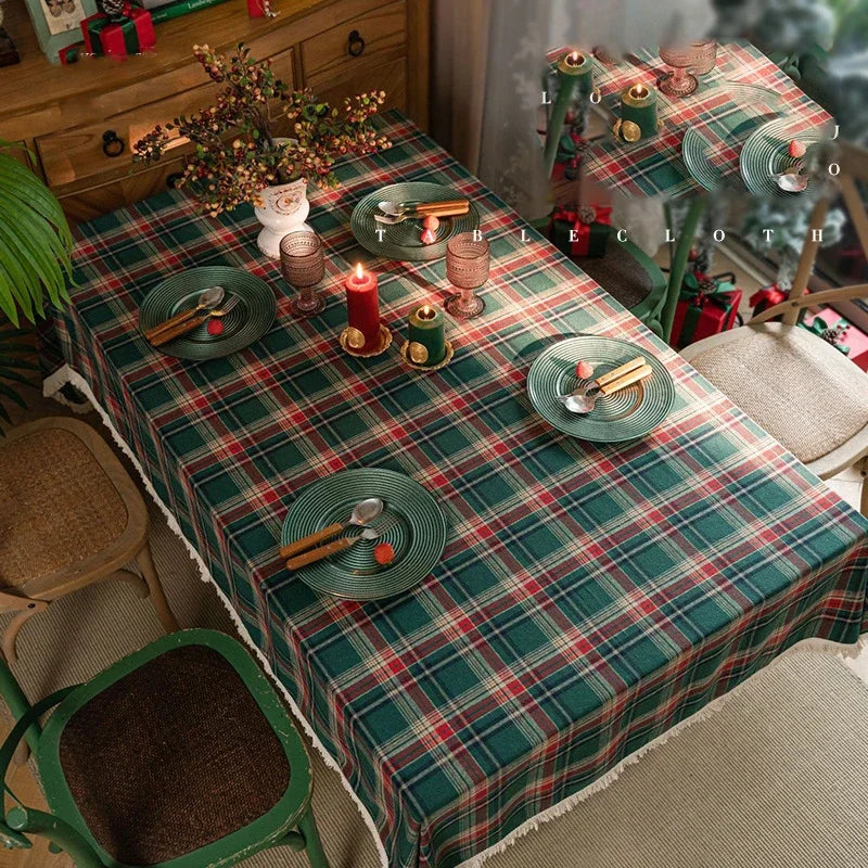 Green Checkered Table Cloth Rectangle Cotton Linen Fabric Washable Buffalo Plaid Table Covers for Festival Party Christmas Decor