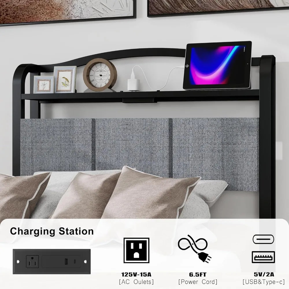 Twin Bed Frames with Headboard 14 Inch Upholstered Bed Frame for Kids Metal Black Bed Base for Girls Boys,Stable Mattress Founda